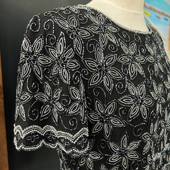 Adrianna Papell Silk Beaded Top L Black Evening Cocktail Scalloped Hem Formal - Picture 11 of 16
